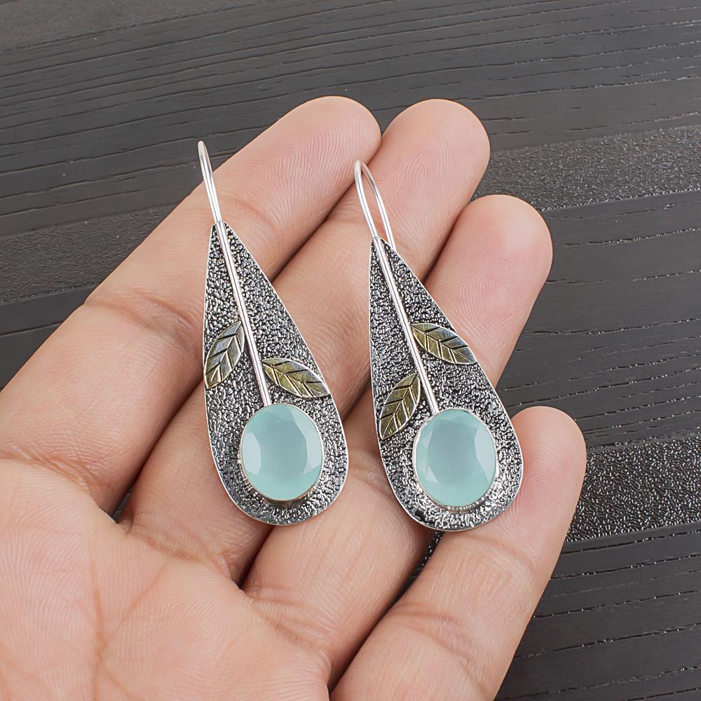 Aqua Chalcedony Handmade Gemstone Jewelry, 925 Solid Sterling Silver Earrings Unique Design Jewelry, For Women