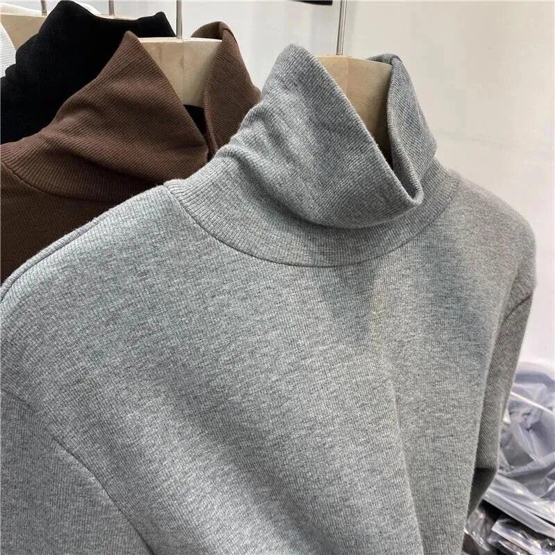 Теплый трикотаж, плюшевая утолщенная водолазка, базовая рубашка, женский пуловер, тонкий топ с длинными рукавами, простой повседневный новый модный осенне-зимний вариант