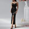Women's Satin Bodycon Dress Spaghetti Strap Side Slip Long Dress Cowl Neck Sexy Club Midi Dresses for Evening Birthday Party Weddings