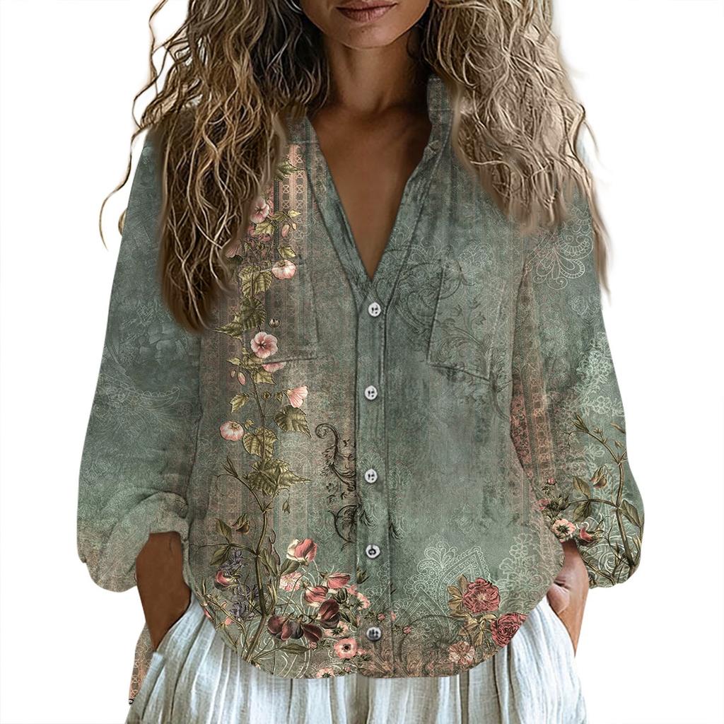 Women Cotton Linen Tops Long-sleeved Shirts Loose V-Neck Boho Tees Vintage Blouses