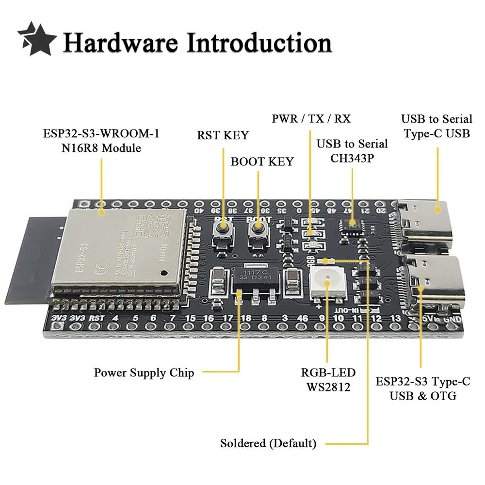 Плата разработки модуля ESP32-S3 Wifi BT для Arduino IDE ESP32-S3-WROOM1 N16R8 N8R2 44-контактный Type-C 16 МБ Flash 8 МБ PSRAM ESP32 S3