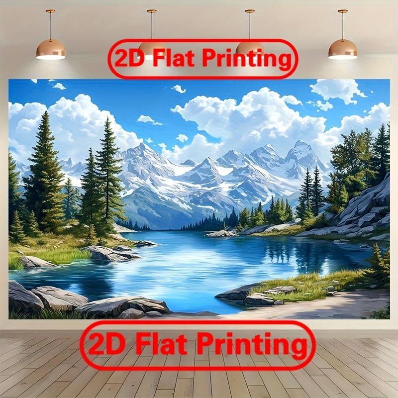 The promotional banner is designed in 2D format and features mountains forests and lakes. It is made of polyester fabric.