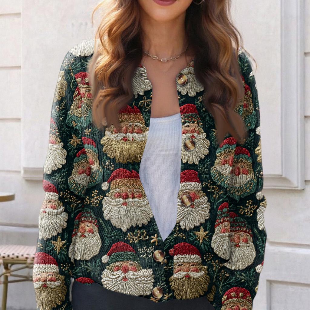 Women's Fashion Christmas Print Long Sleeve Knitted Cardigan Button Jacket