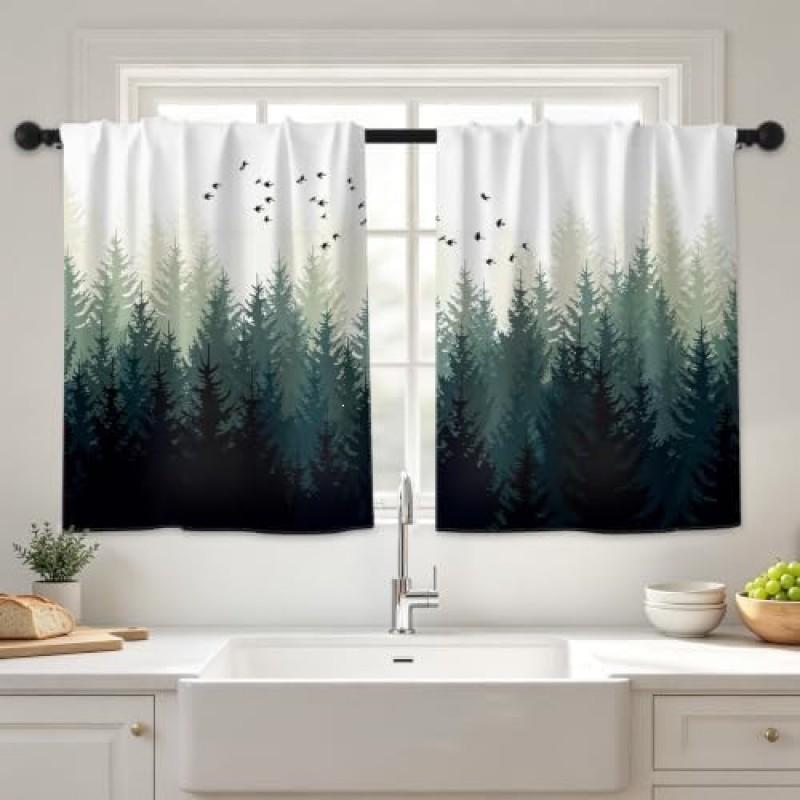 Botanical Print Short Curtain Kitchen Cafe Living Room Modern Minimalist Chinese Style Sheer Window Treatment