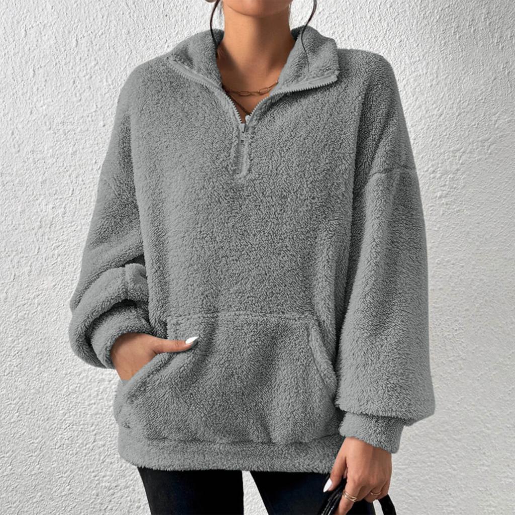 Sweatshirt For Women Half Zip Pocket Drop Shoulder Teddy Sweatshirt Stand Collar Sweatshirts For Women