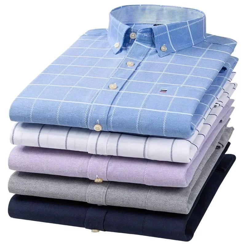 Oxford Men Fashion 100% Cotton Thin Long Sleeve Casual Slim Solid Color Plaid Print Stripe Formal Dress Shirt Plus Size