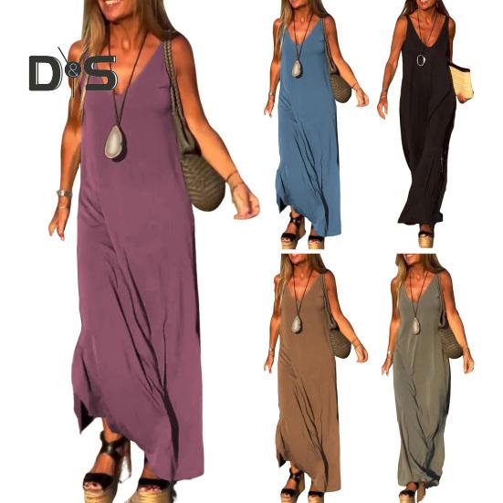 Женское летнее платье-комбинация без рукавов, повседневное платье макси с V-образным вырезом и разрезом, свободный пляжный сарафан, наряд для путешествий и отпуска