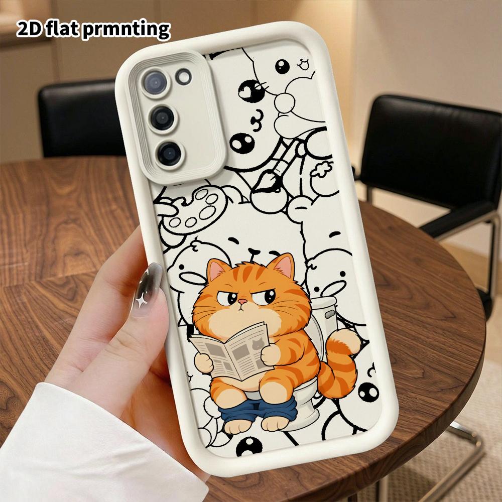 Phone Case: 2D flat, fits Samsung Galaxy A34 A35 M05 M06 S20 S22 S21 FE Plus 5G cases, chubby orange cat reading a newspaper, perfect Christmas and Ha