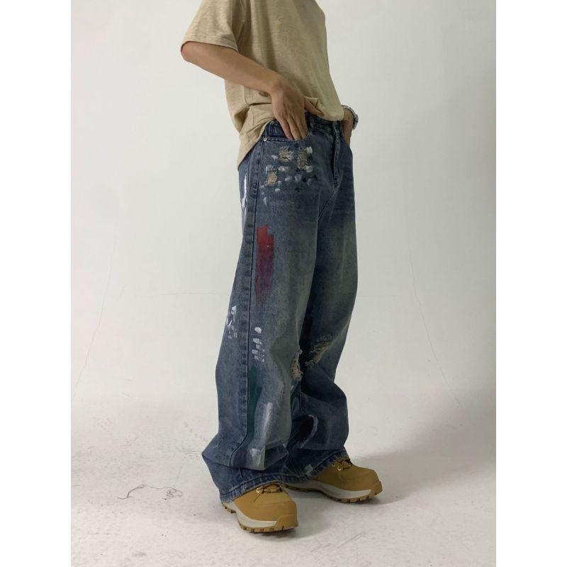 Европейские и американские уличные джинсы с чернильными пятнами для мужчин и женщин, нишевый дизайн, свободные широкие брюки для пар, повседневные универсальные брюки