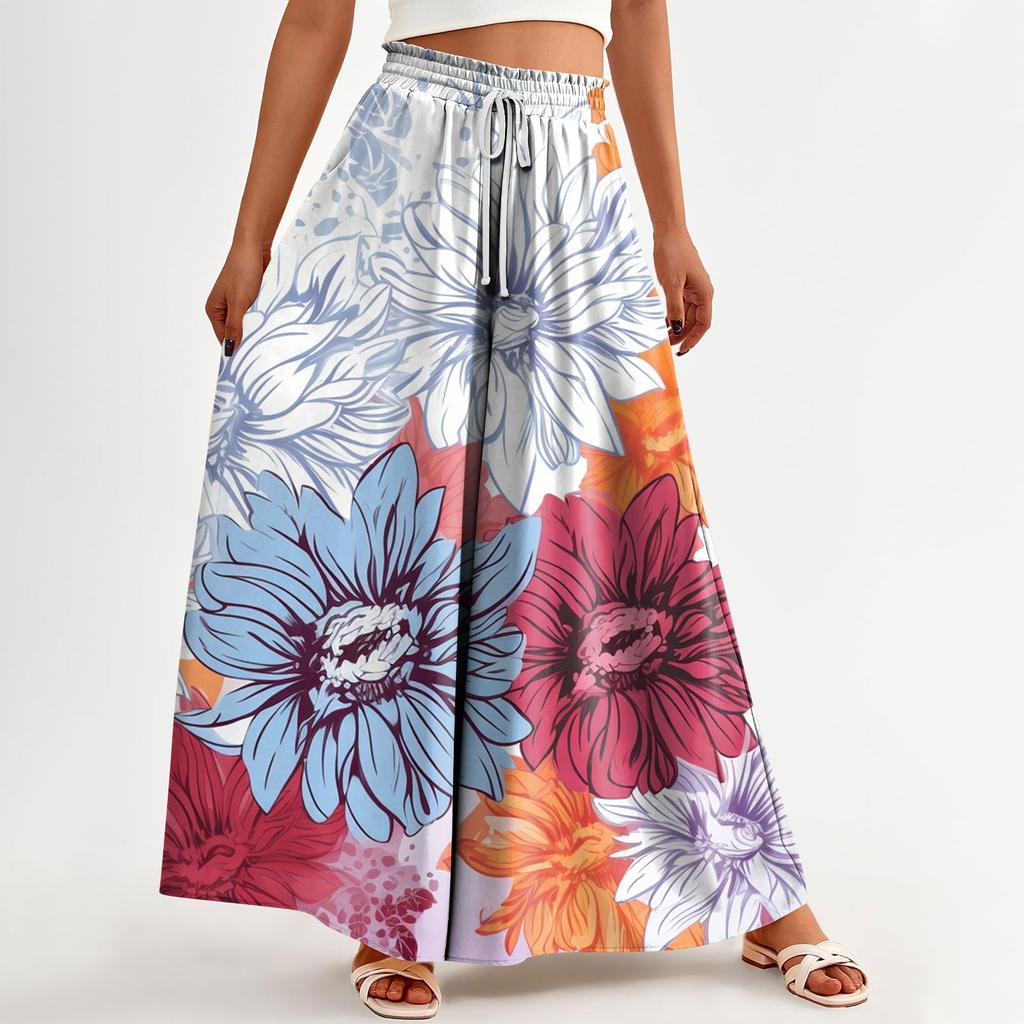 Женские широкие брюки с высокой талией, летние повседневные струящиеся брюки-палаццо, пляжные брюки с цветочным принтом и карманом