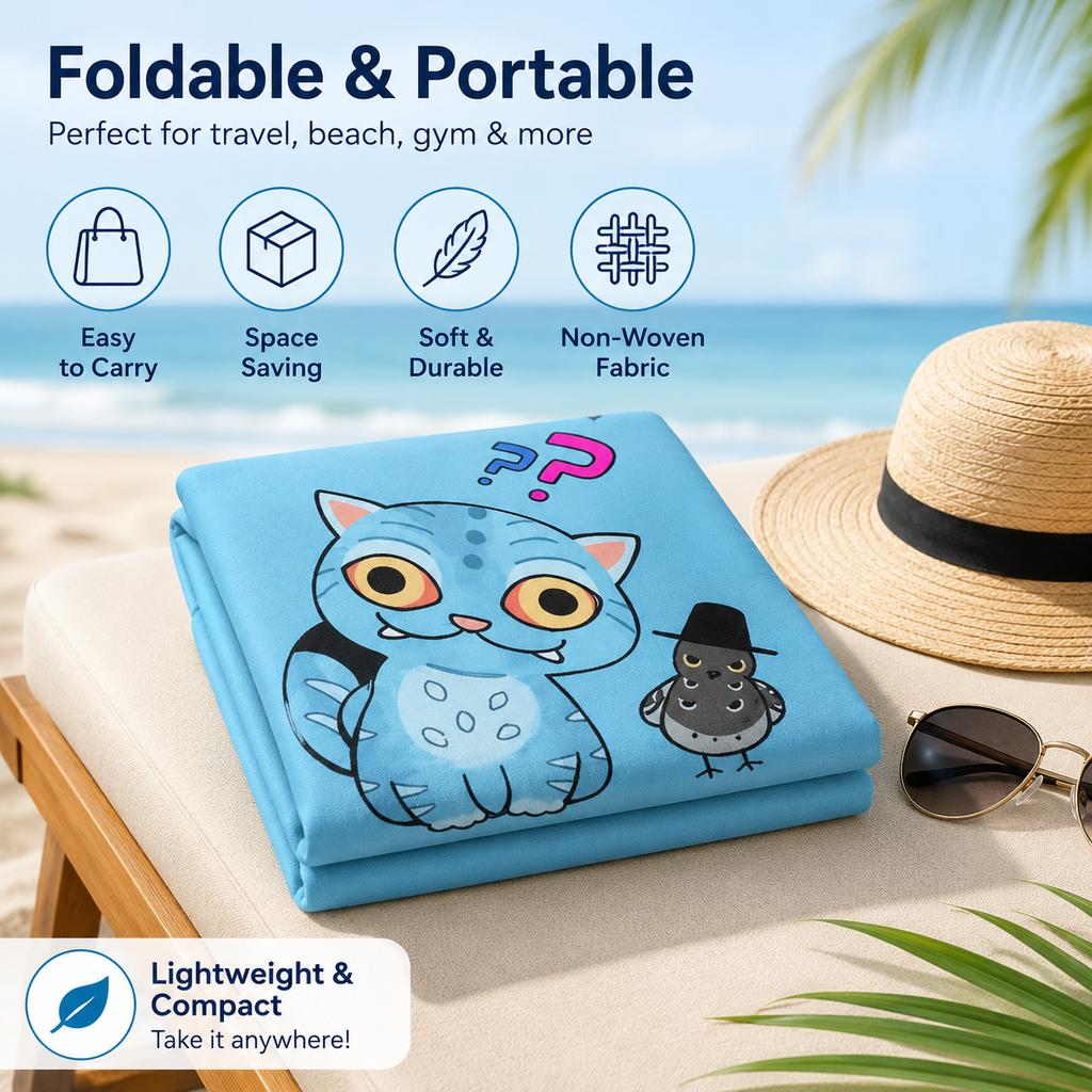 Cute Blue Cartoon Cat Beach Towel 150x75cm Microfiber Quick Dry Flat Print Large Bath Towel for Kids Boys Girls Pool Party