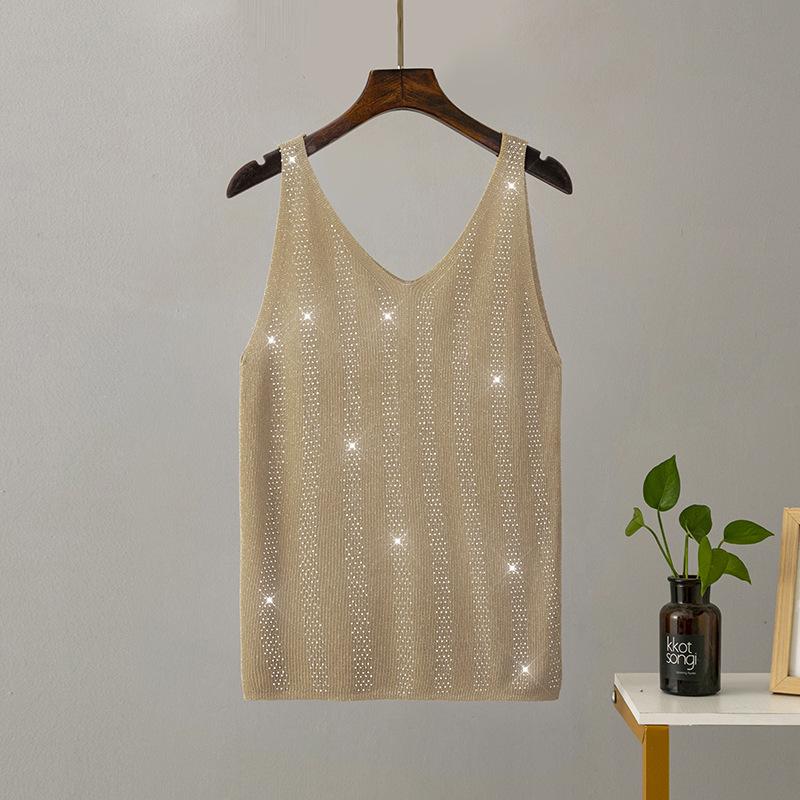 Женская летняя вязаная майка из ледяного шелка с яркой нитью и V-образным вырезом, облегающая майка