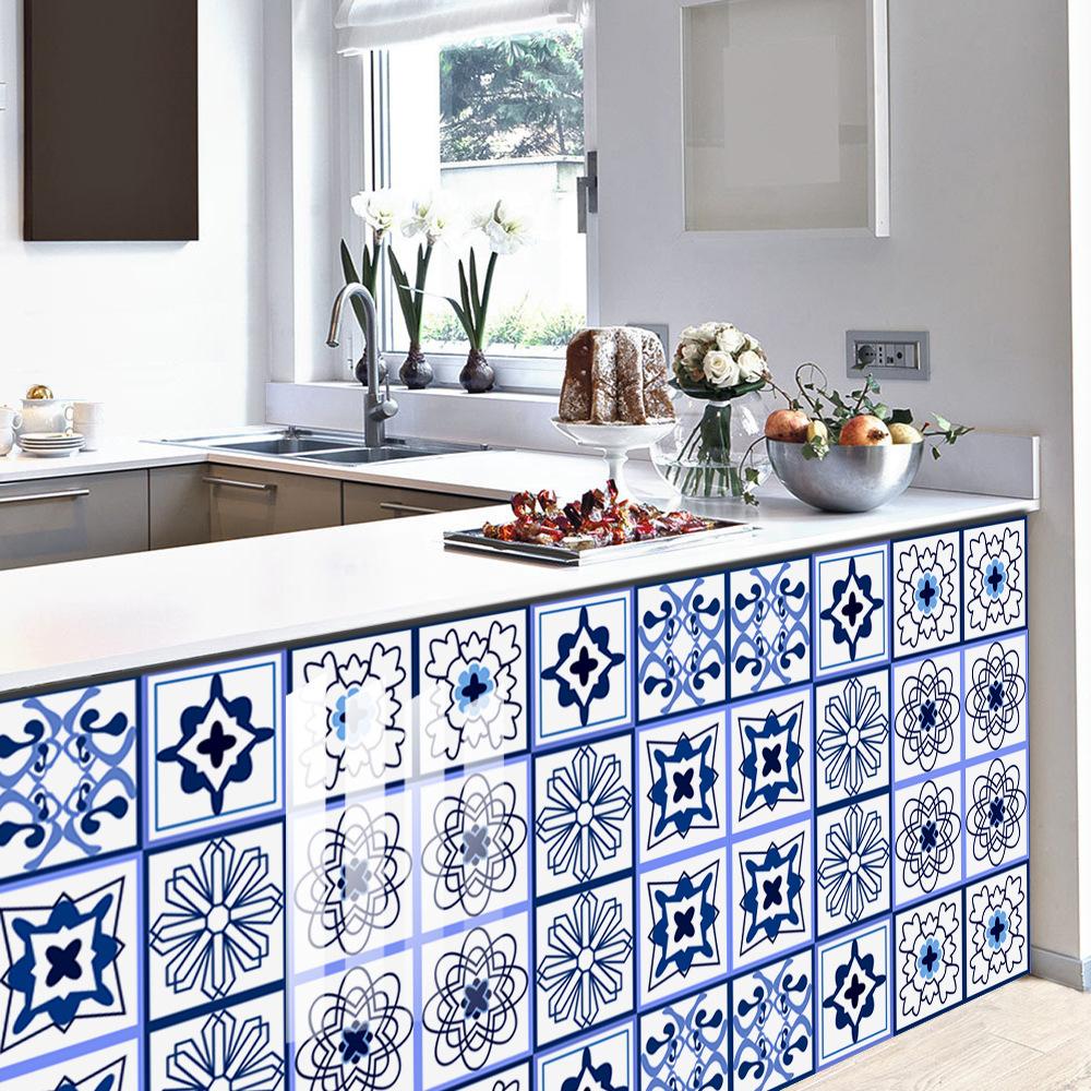 6 шт., самоклеящаяся настенная плитка с синими кристаллами и цветами, кухонные обои, фрески, водонепроницаемые наклейки для кухни, ванной комнаты