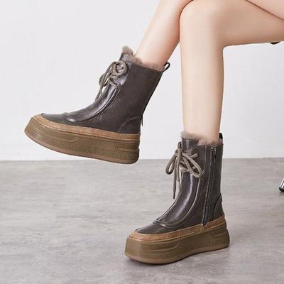 Женские флисовые сноубутсы на толстой подошве, флисовые утепленные ботинки до середины икры на высокой подошве и теплые хлопковые ботинки