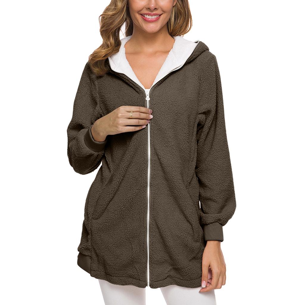 Женская мода повседневная однотонная куртка с капюшоном на молнии из овечьей шерсти кардиган свитер