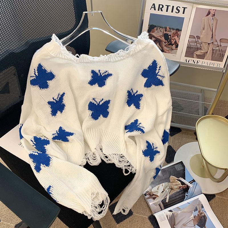 Корейский модный вязаный свитер с графическим рисунком, женский Harajuku, милые укороченные топы большого размера с открытыми плечами, повседневный свободный джемпер Y2K