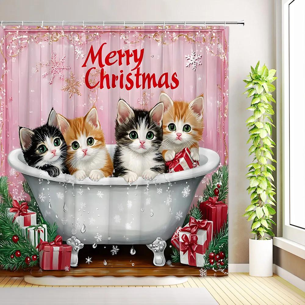 JY01Christmas Cute Snowman Shower Curtains Santa Claus Winter Snowflake Snow Scenery Cedar Reindeer Xmas Bathroom Decor With H@1