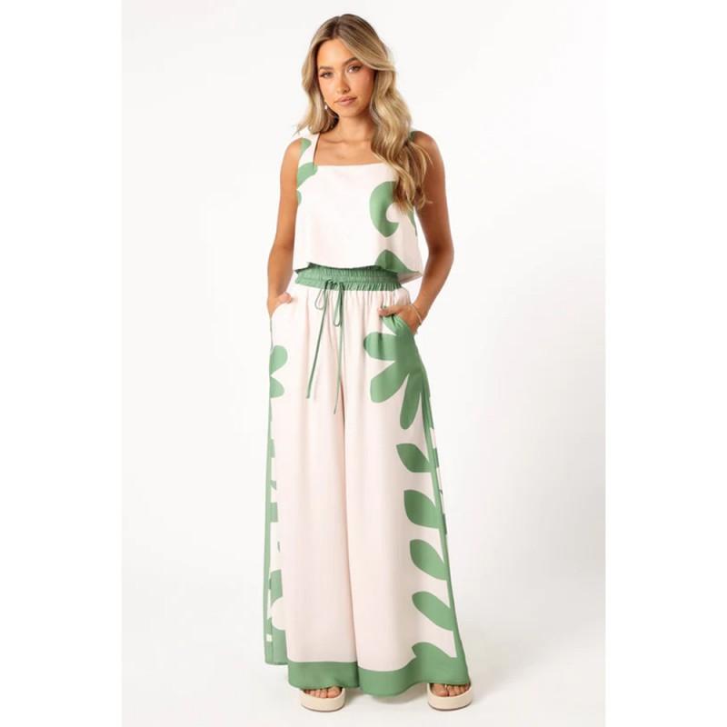 Womens Short Crop Top Wide Leg Pants Set Floral Print Casual Outfit