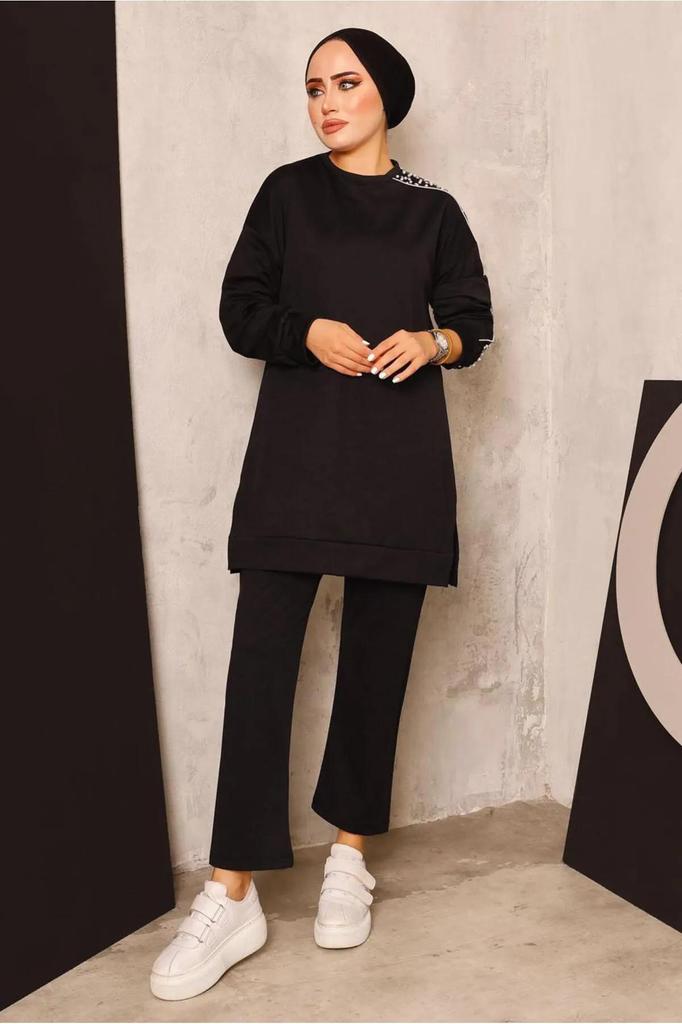 Женский комплект из длинной туники и брюк в хиджабе с жемчугом и молнией