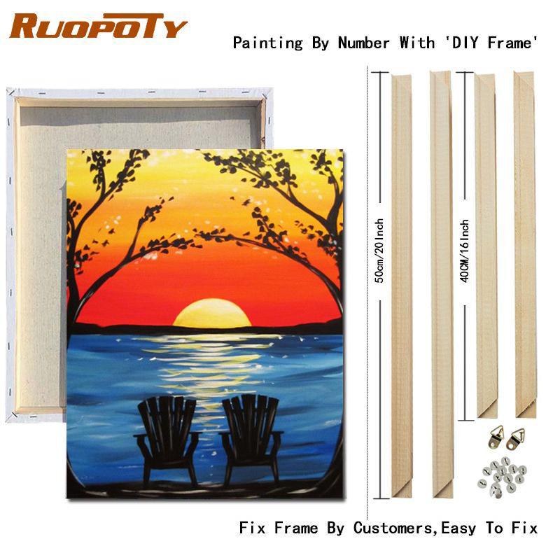 RUOPOTY Картина по номерам, пейзаж заката, рисунок на холсте, ручная роспись, домашний декор, подарок, картина по номерам, наборы для морского пляжа