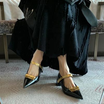 Женские туфли на высоком каблуке Черные Золотые Туфли Прямых Линий с Острыми Толстыми Каблуками Женская Обувь Туфли на Высоком Каблуке