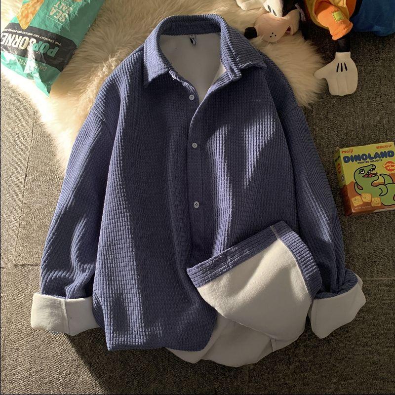 Waffle Shirt Men's Padded Spring and Autumn Solid Color Japanese Jacket Students Korean Version of Loose All Metch Long-sleeved Tops