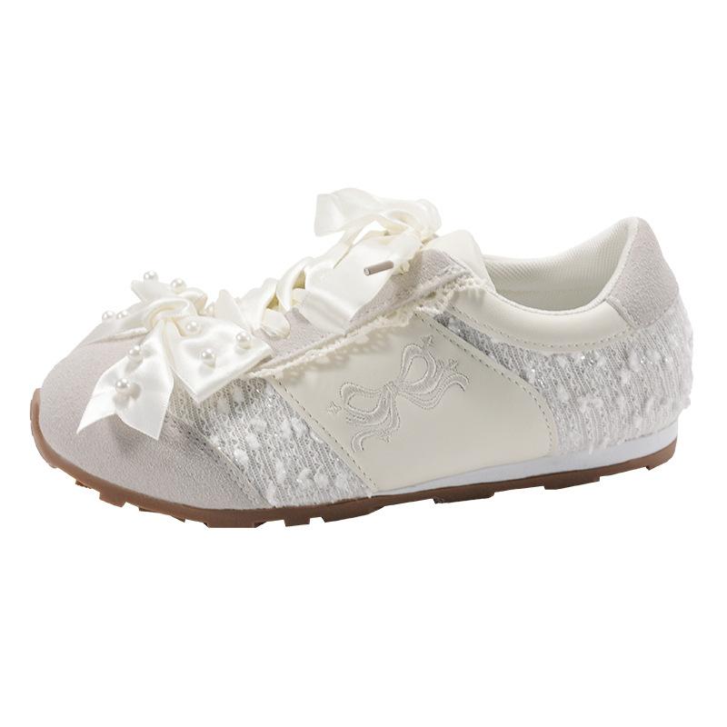 Супер красивые ретро-кроссовки с жемчужным бантом на плоской подошве, женские, новая весенняя универсальная повседневная спортивная обувь 2025 года