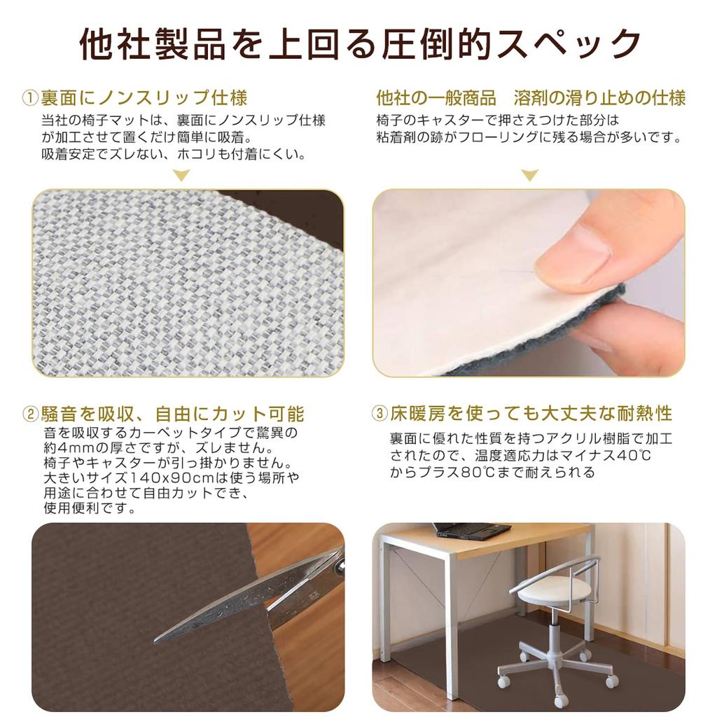 Chair 90 x 140 4 Desk Chair Floor Protection No Sound Floor Scratch Brown Mat, cm, Thickness mm, Mat, Mat, Slip, Absorption, Prevention, Anti-Slip,