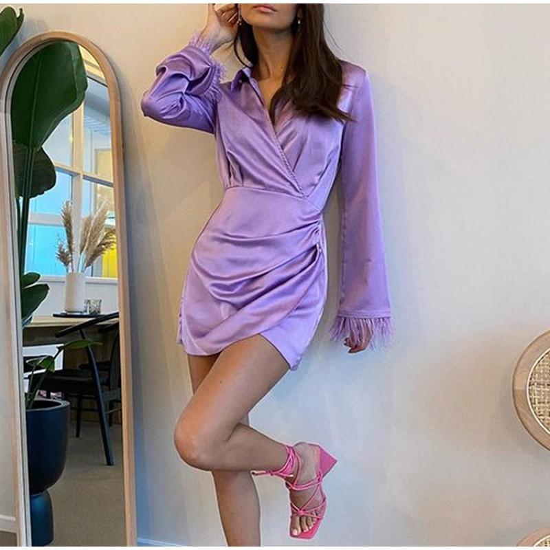 Womens V-Neck Mini Dress Solid Color Fresh Sweet Style A-Line Long Sleeve