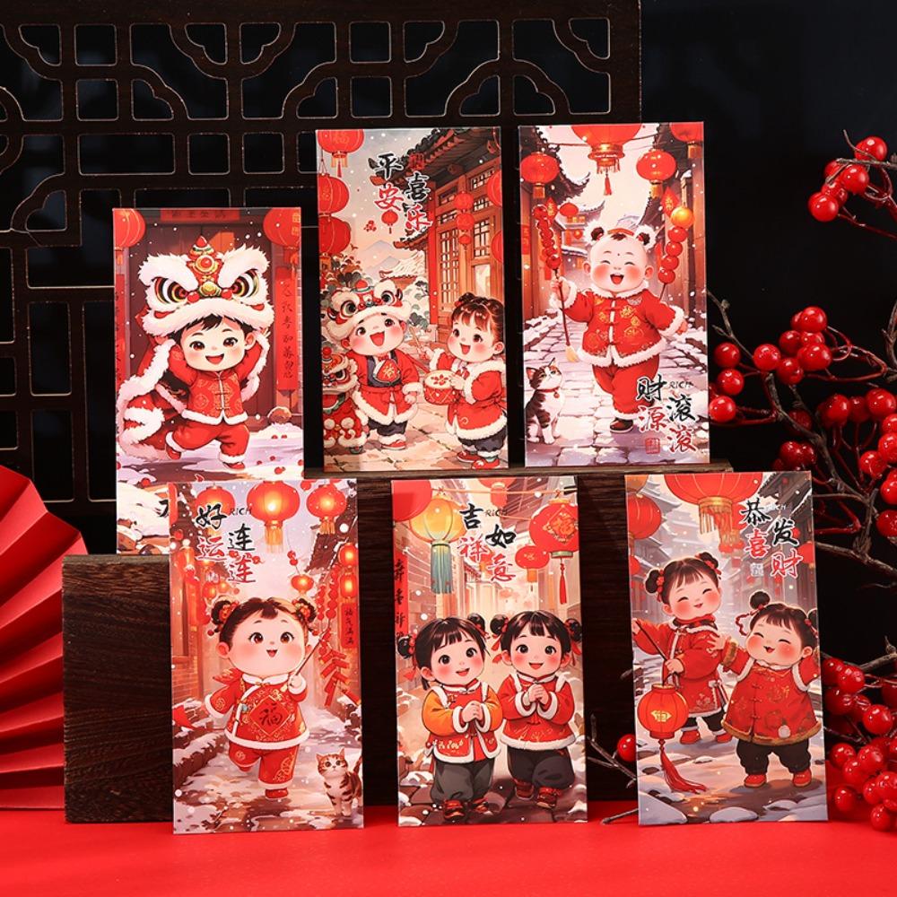 6pcs Chinese Style New Year Red Envelopes Traditional Hongbao God of Wealth Red Pocket Blessing Lucky Money Packet