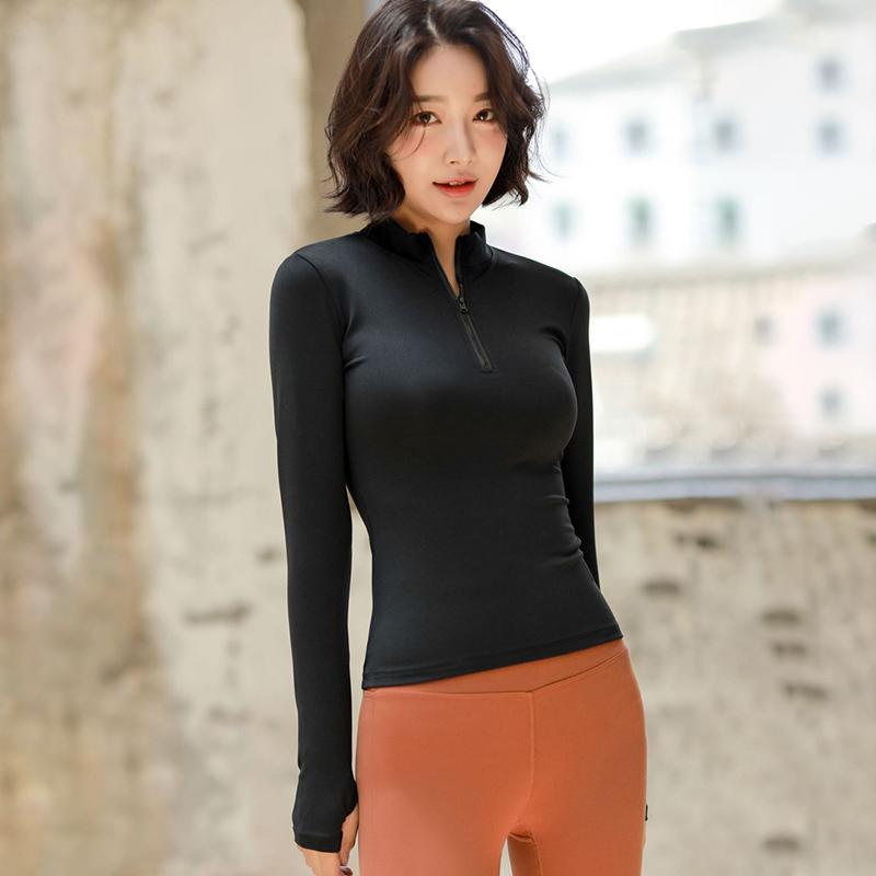 Женский топ для йоги, спортивная рубашка для йоги с длинным рукавом на молнии и отверстиями для больших пальцев, однотонная быстросохнущая дышащая рубашка для тренажерного зала и фитнеса