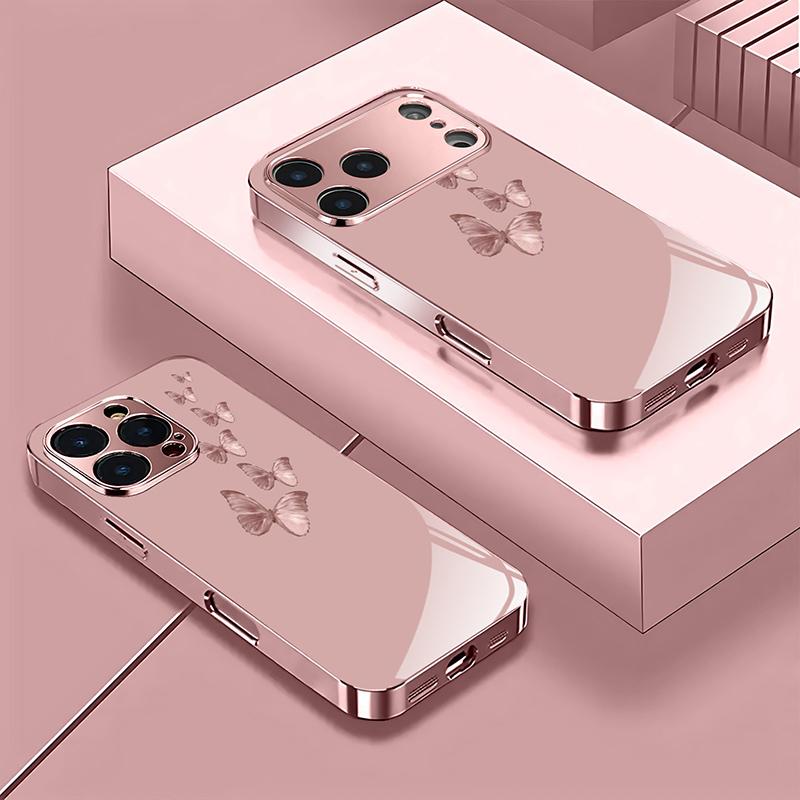 Розовый узор с бабочками Розовый металлический закаленный стеклянный чехол для телефона для iPhone 17 16 15 14 13 12 11 Pro Max 15 Plus 17 Air 16E Чехол