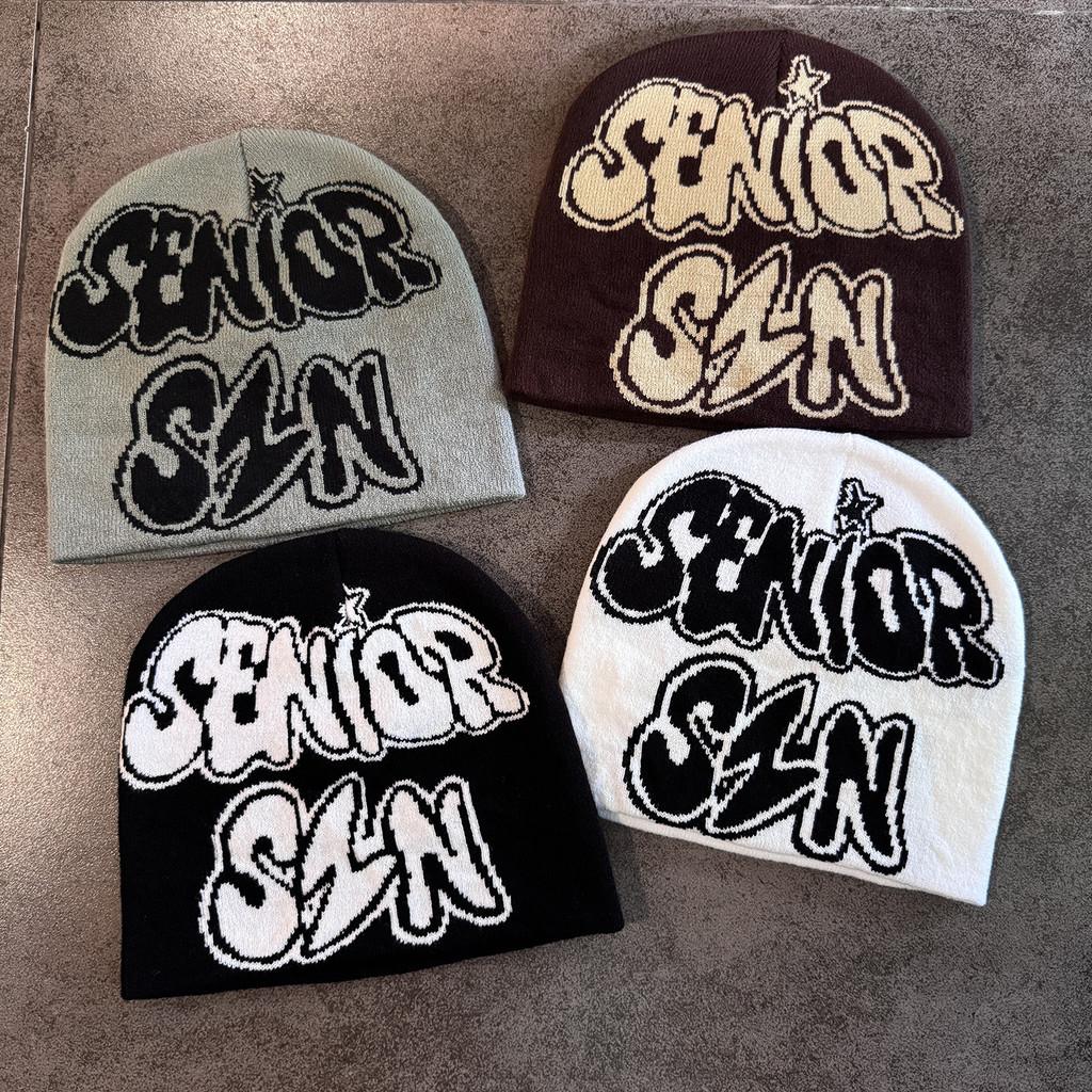 Vintage Letter Knit Hat For Men Women Winter Warm Beanie With No Brim Street Style