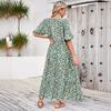 Women Summer Casual Floral Print O Neck Dress High Waist Loose Large Size Ankle Length Middle Long Sleeve Spring Dress