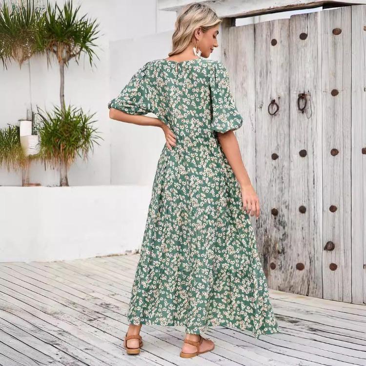 Women Summer Casual Floral Print O Neck Dress High Waist Loose Large Size Ankle Length Middle Long Sleeve Spring Dress