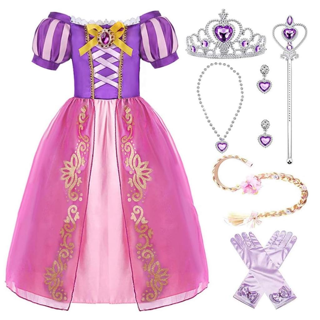 ANONIE Rapunzel On the Tower Long Hair Princess Dress Princess One Piece Cosplay Girl Birthday Christmas Gift Luxury Set of 7 Pieces Purple 100