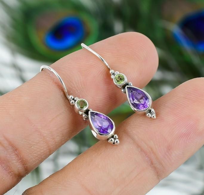 Natural Amethyst Peridot Dangle Drop Earring, Gemstone Vintage Earring, 925 Sterling Silver, Gemstone Earring, Handmade Jewelry