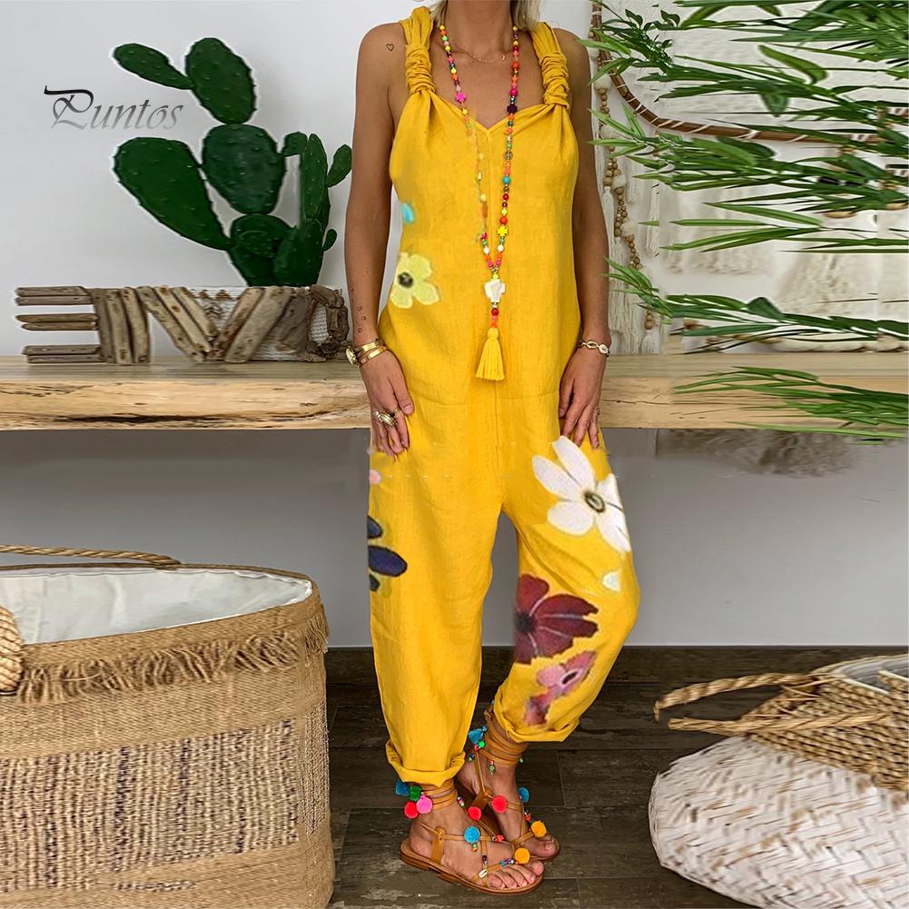 Женский комбинезон без рукавов с нагрудником без спинки и цветочным принтом