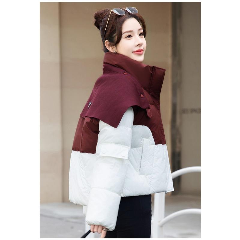 Korean Style Loose Fit Knit Poncho Collar Down Jacket with Color Block for Autumn Winter Women