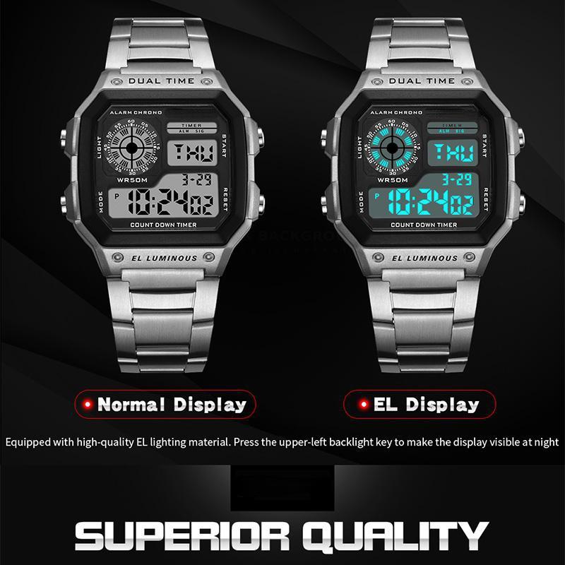 Наручные часы из нержавеющей стали, мужские цифровые спортивные часы с квадратным лицом и будильником, секундомер