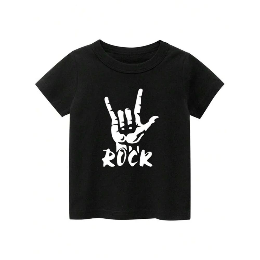 "ROCK" Принт с буквами Круглый вырез Короткий рукав Футболка для мальчиков Хип-хоп Универсальный стиль Подходит для повседневной носки летом