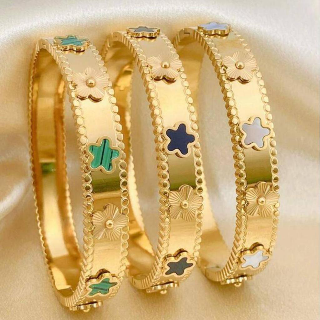 Браслет-калейдоскоп из титановой стали с 18-каратным золотым покрытием в виде пятилистного клевера - узкая и широкая версии, роскошное женское украшение.