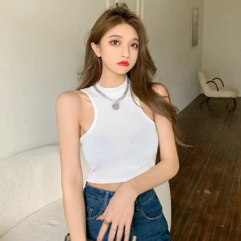 Женская однотонная майка без рукавов, легкий укороченный топ, пуловер с воротником-халтер, повседневная базовая рубашка