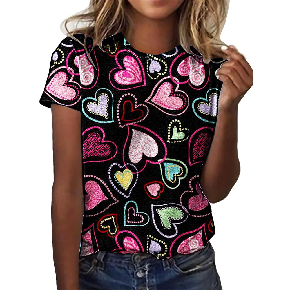 Летняя женская футболка с 3D-принтом Love Женская футболка с большим круглым вырезом и коротким рукавом