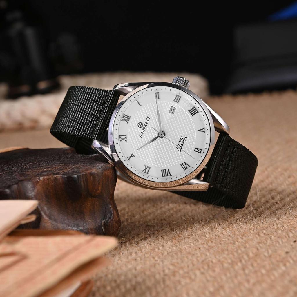 ANNEFIT Нейлоновые часы Военные часы Сменный нейлоновый ремешок с тканевой быстросъемной пряжкой, Ремешок, 18 мм, Двухкомпонентная отделка, Черный/Серебристый