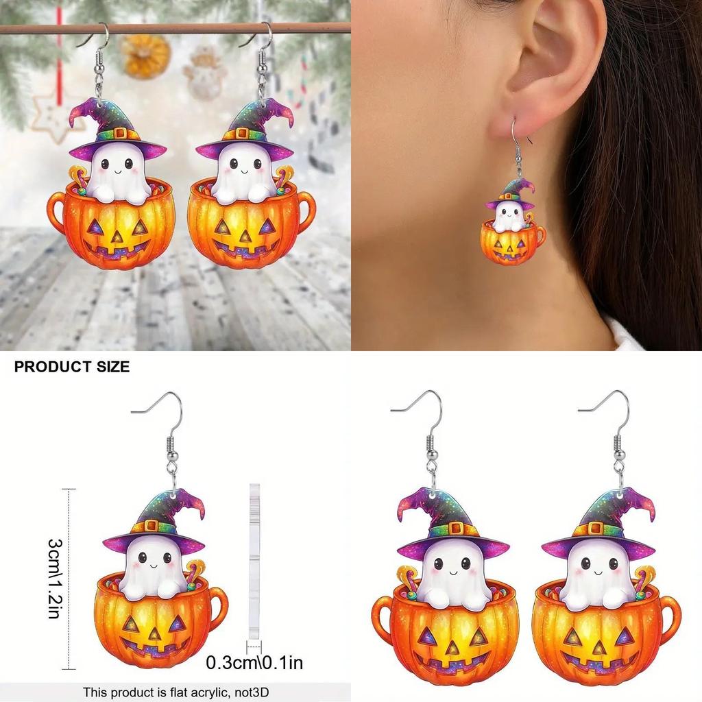Halloween Themed Ghost Pumpkin Pot Pattern Women Acrylic Earrings Festival For