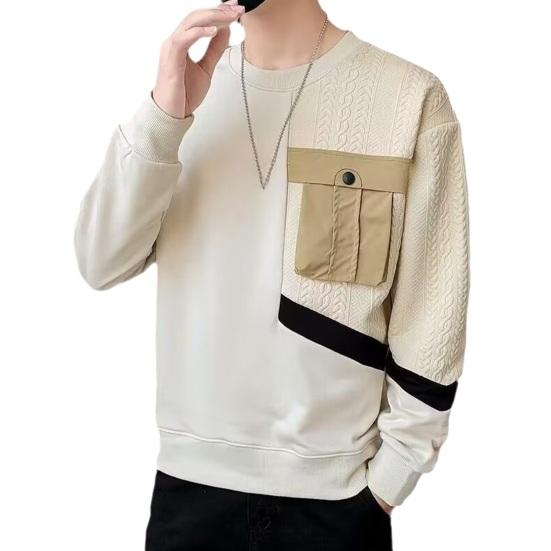 Осень-весна Мужская толстовка с круглым вырезом Аппликация Карман в стиле пэчворк Сплошной цвет с длинным рукавом Свободный пуловер Мягкий дышащий средней длины Мужской повседневный топ