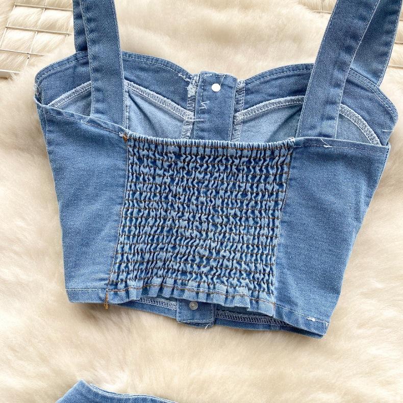Women's Chic Hong Kong Style Retro Suit Short Camisole Vest Mini Denim Skirt Suit