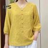 Women Shirt V-neck Half Sleeve Embroidery Floral Pattern Loose Fit Tops Solid Color Casual Blouse Daily Wear