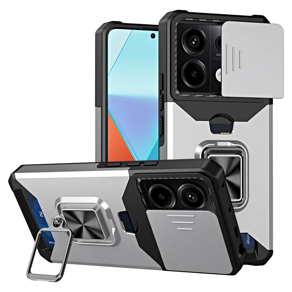 Чехол для Xiaomi Redmi Note 14 13 12 Pro Plus 13C 14C 4G 5G Сдвижная крышка камеры Держатель для карт Кошелек Защитный С кольцом Подставка Чехол